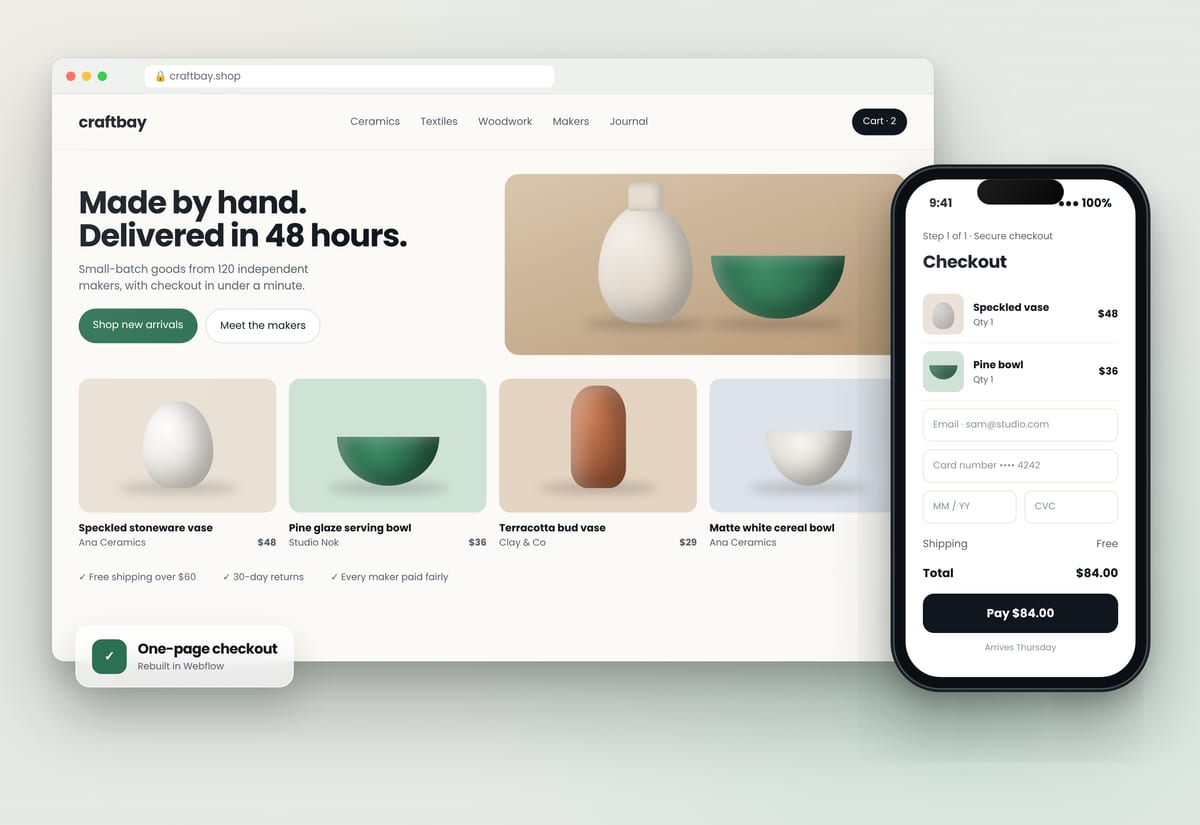 Craftbay storefront website and one-page mobile checkout
