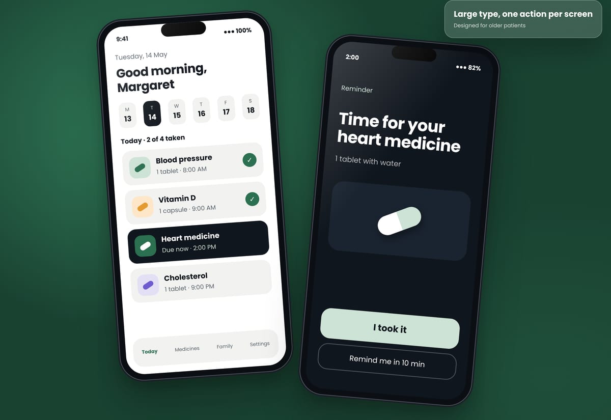 Medly medication tracker app UI on two phones